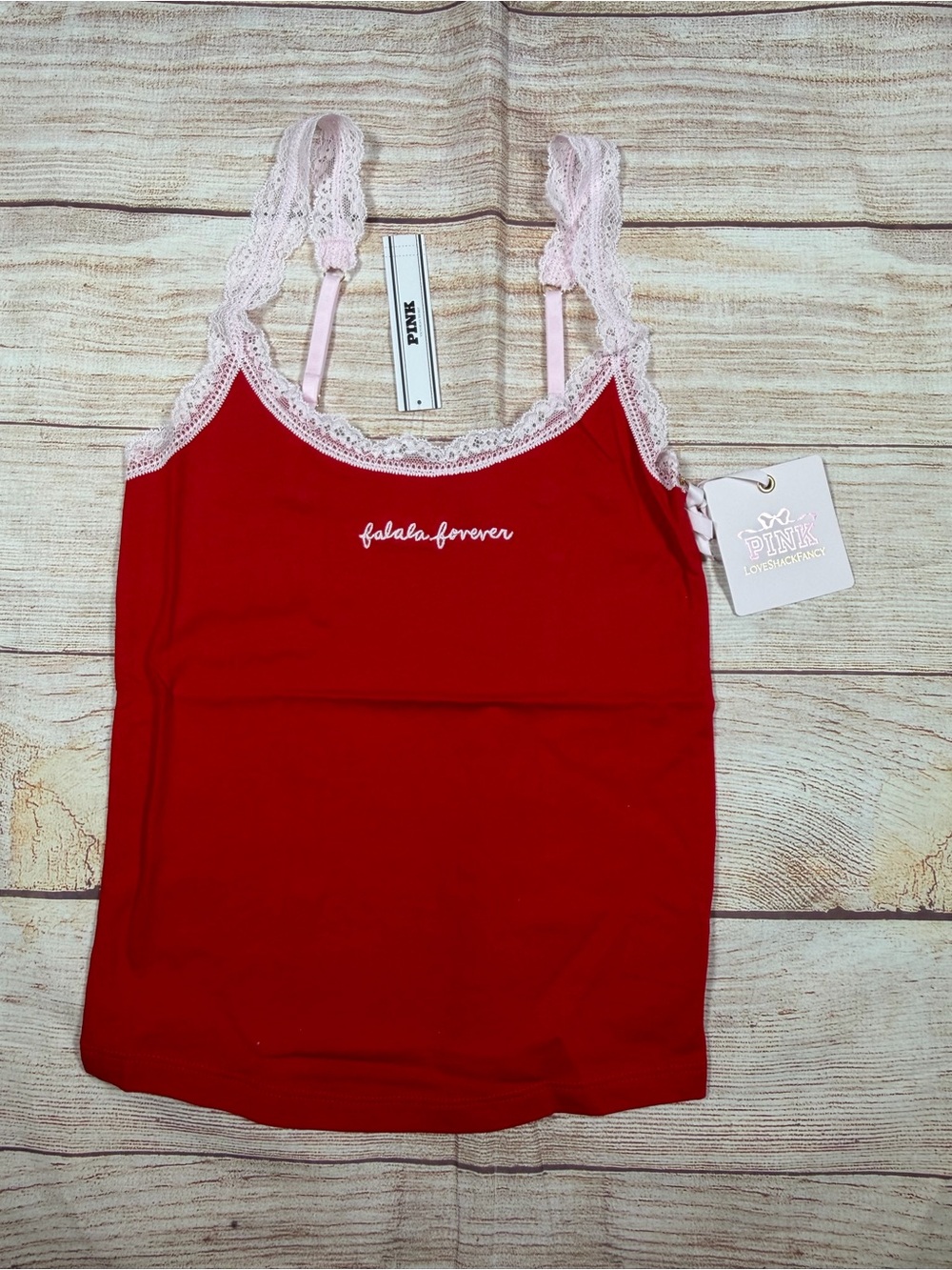 LoveShackFancy x VS Pink Red Cami with Pink Lace Trim